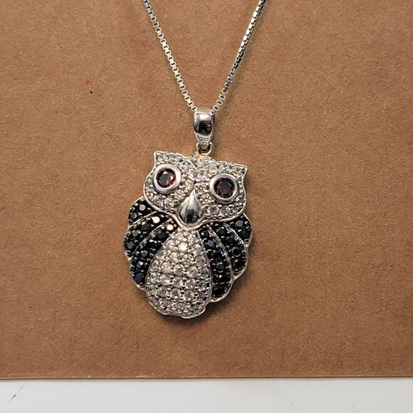 Vintage Sterling Silver Owl Pendant Necklace with Black and Clear CZ 925 Stamped - Picture 5 of 10